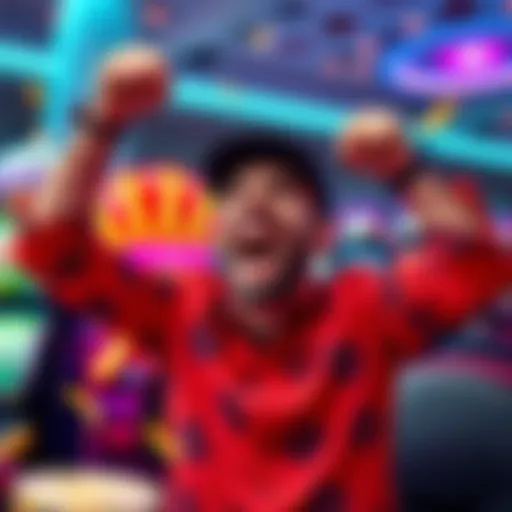 A happy player celebrating after turning a small bet into a large payout, showing excitement in a gaming environment.