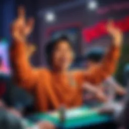A joyful gamer with a big smile, celebrating a recent victory in the Densho base game.
