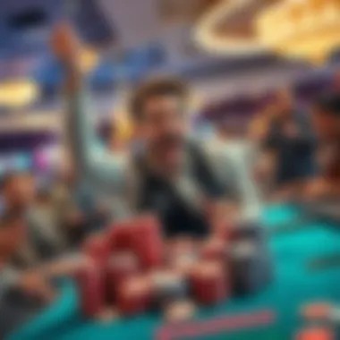 A gambler excitedly celebrating after winning multiple rounds at a casino table, chips stacked high in front of them, surrounded by an amazed crowd.