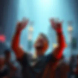 A gamer with a joyful expression, raising their hands in victory after overcoming a challenging level in the game Atlantis.