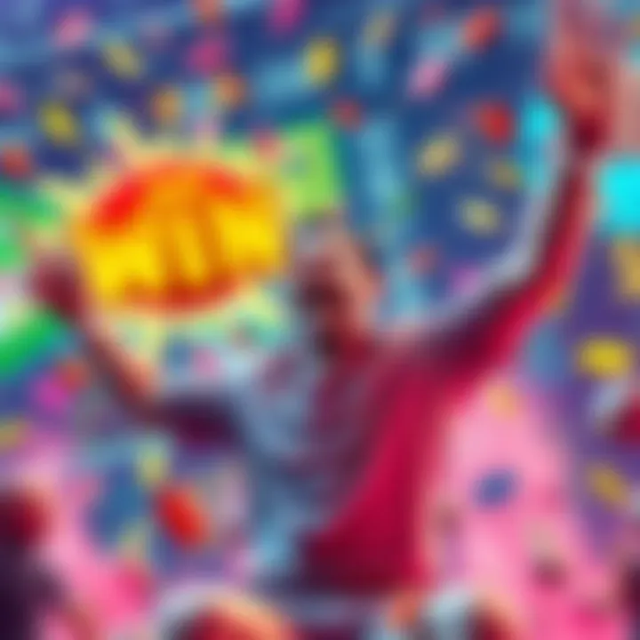 Player Celebrating Game Wins A player joyfully celebrating a recent win in a game, surrounded by colorful game tiles and excitement.
