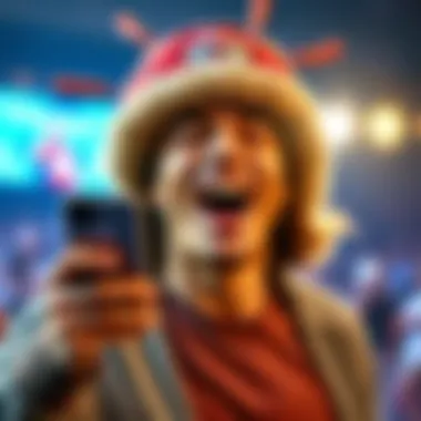 Player celebrating big win on Huff N Puff A person joyfully celebrating a big win on the Huff N Puff Hard Hat Edition game, showing excitement on their face and the Fanduel app on their phone.