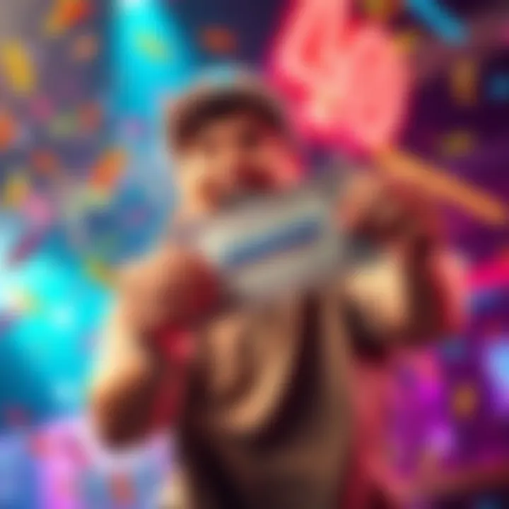 A joyful person holding a jackpot ticket with confetti falling around them, celebrating their win