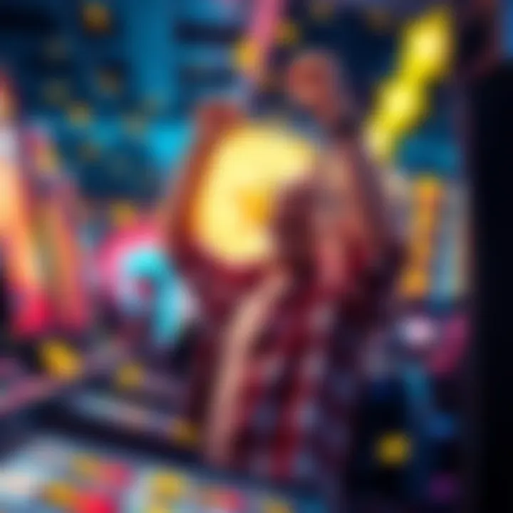 Player Celebrating Jackpot Win A player joyfully celebrating after winning a 5K jackpot from a 30-cent spin at a slot machine, with coins spilling out and bright lights in the background.