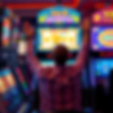 Player celebrating a video poker jackpot win A joyful player with hands raised in celebration at a video poker machine displaying a jackpot win