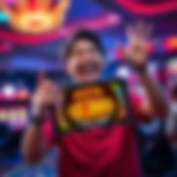 A joyful player holding a tablet with casino games displayed, celebrating after a big win of $200,000.