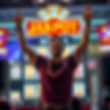 A joyful player with arms raised in victory near a slot machine showing a jackpot win.