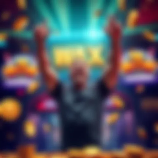 A happy player celebrating their first max win at Winna Casino with arms raised, surrounded by casino graphics and bonus symbols.