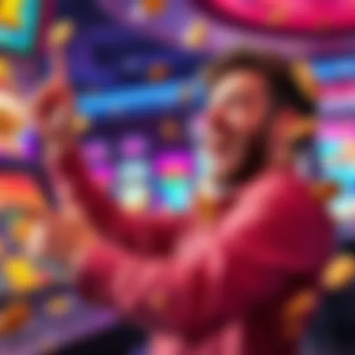 A happy player celebrating a big win on an online slot game with bright graphics and coins overflowing from the screen.