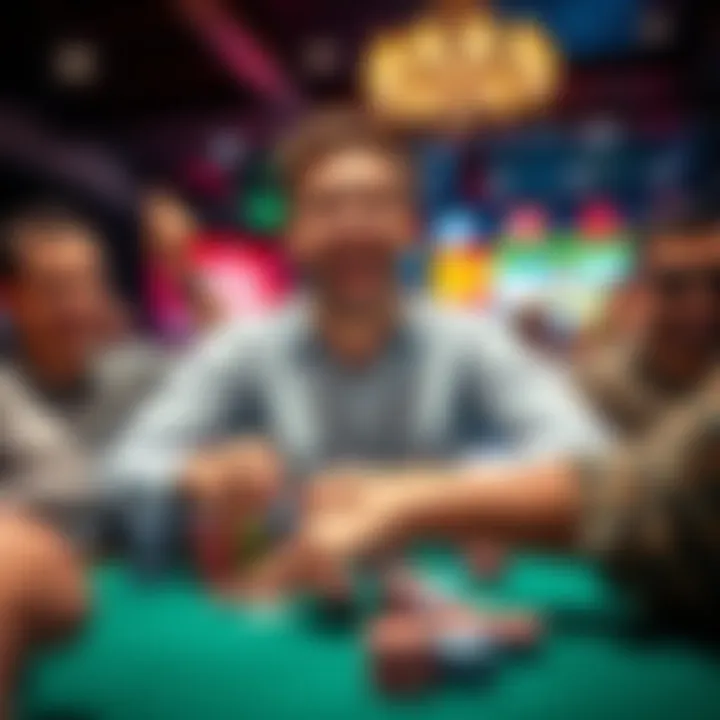 Player Celebrating Poker Success A happy poker player celebrating a win with friends and chips on the table after reaching the final table.
