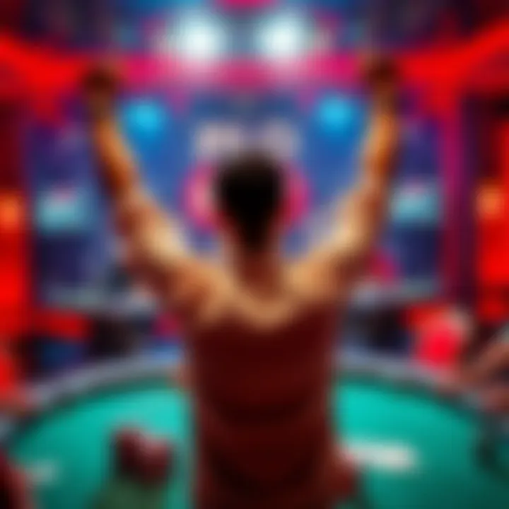 A poker player raises their arms in celebration after winning, with a poker table and chips in the background.