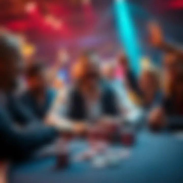 A poker player celebrating after hitting a bad beat jackpot, surrounded by friends and poker chips at a table.