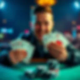 A poker player with a big smile holding cards showing a royal flush at a small stakes table