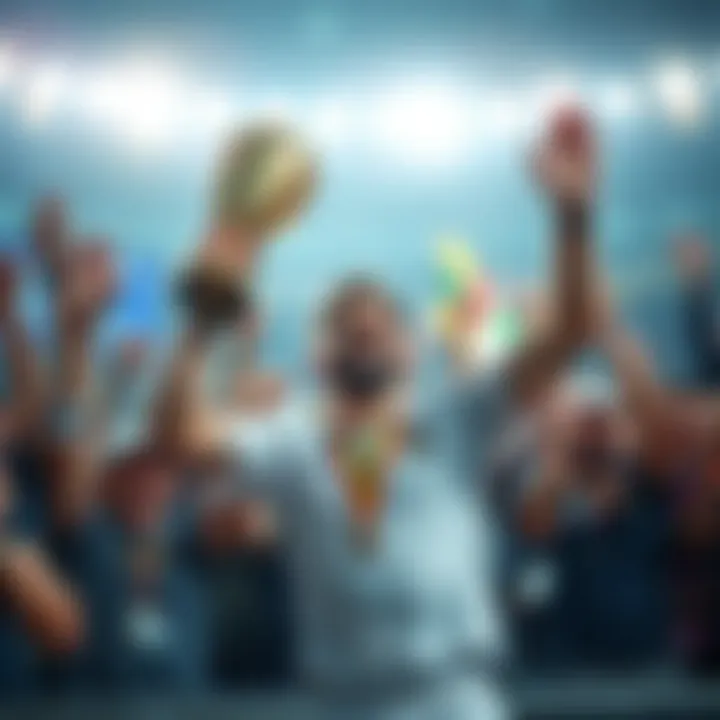 A happy player holding a trophy after winning a tournament, surrounded by cheering fans, showing excitement and joy.