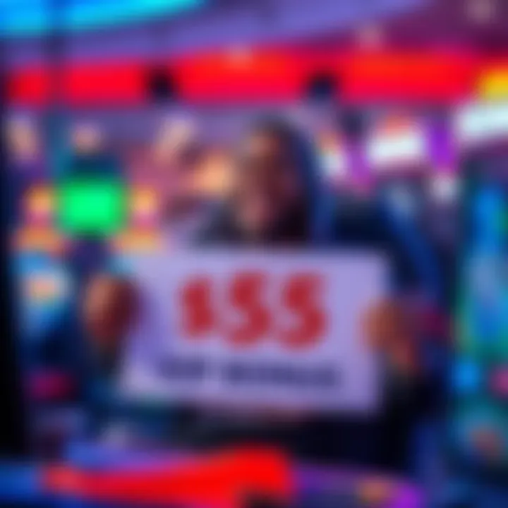 A happy player holding a sign that says $55 VIP bonus while sitting at a gaming station