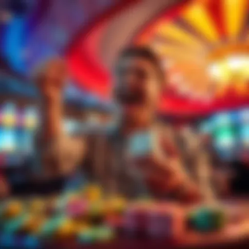 A player joyfully celebrating a big win at the casino after rolling dice, surrounded by colorful chips and a vibrant casino atmosphere