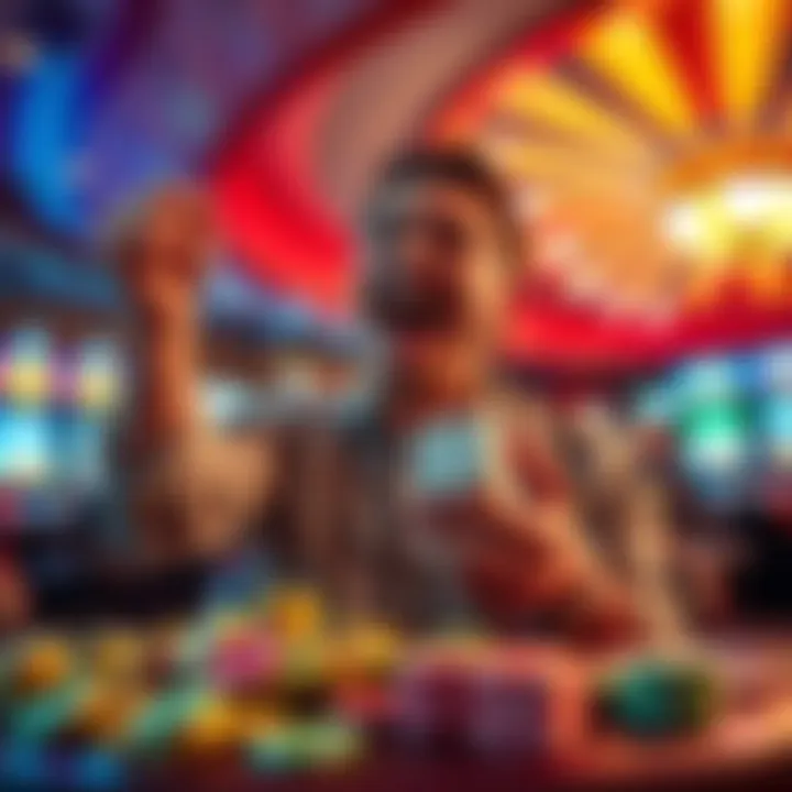 A player joyfully celebrating a big win at the casino after rolling dice, surrounded by colorful chips and a vibrant casino atmosphere