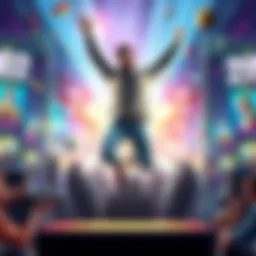 A joyful player jumps with excitement after winning on their first try in a new game, surrounded by colorful gaming graphics.