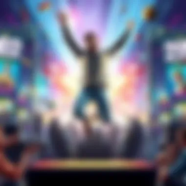 A joyful player jumps with excitement after winning on their first try in a new game, surrounded by colorful gaming graphics.