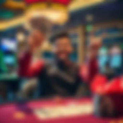 A happy player holds up cash winnings at a casino table after a gambling attempt