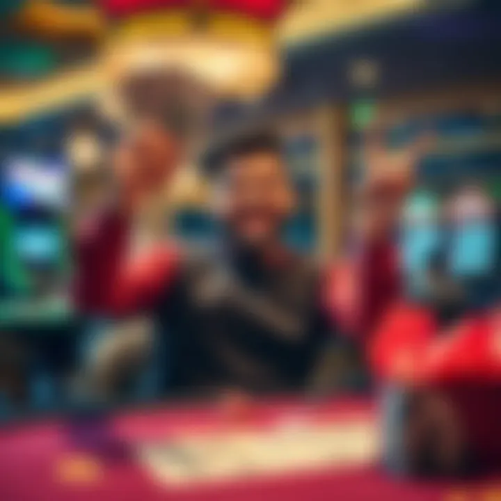 Player celebrating a win at a gambling table A happy player holds up cash winnings at a casino table after a gambling attempt