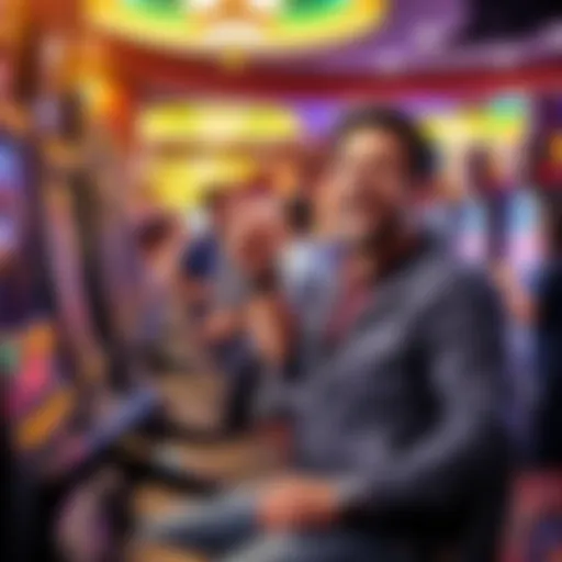 A local gambler joyfully celebrating their unexpected win at a gaming machine, with cash in hand and a big smile on their face in a lively casino setting.