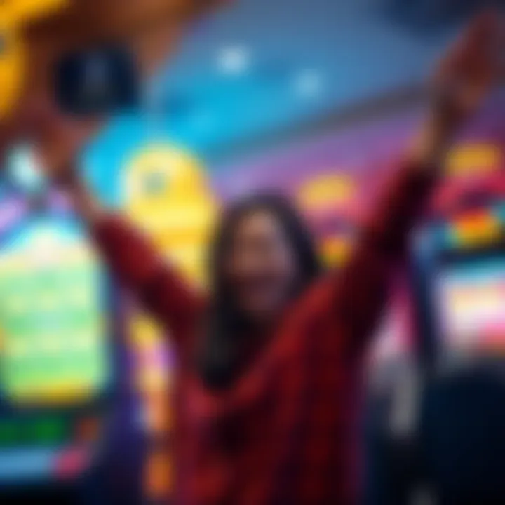 A person happily celebrating after winning €250 on a slot game with their hands raised in excitement near a slot machine.