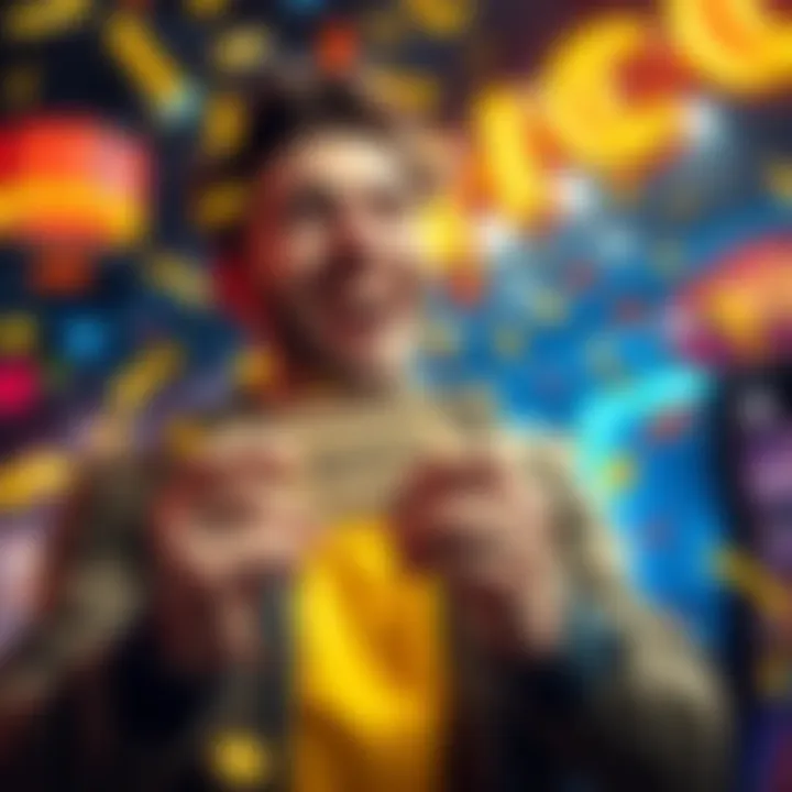 A player holding a ticket or token representing yellow dollars, with a joyful expression, surrounded by confetti and bright colors.