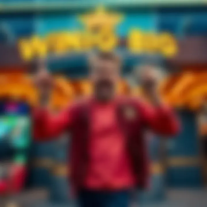 Player celebrating winnings A happy player holding cash outside an online casino after a big win