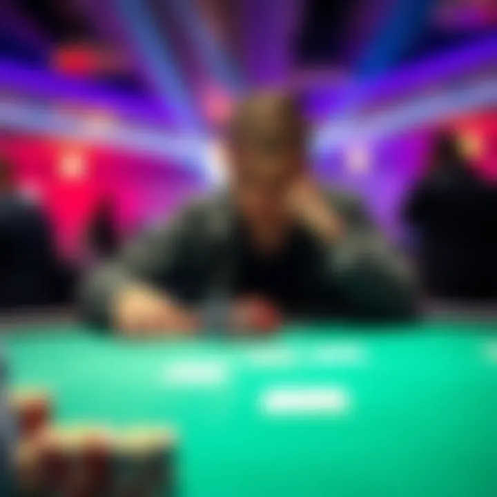 A poker player contemplating their hand with AKs at the final table of a tournament, deep in thought while looking at the chips and cards in front of them.