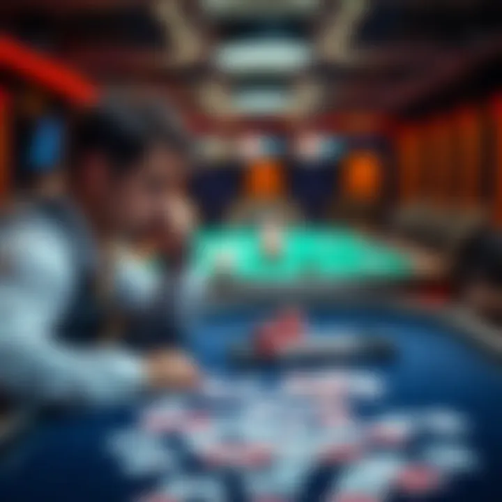 A player thinking about their next move in poker at a table, showing a ragged board with scattered cards