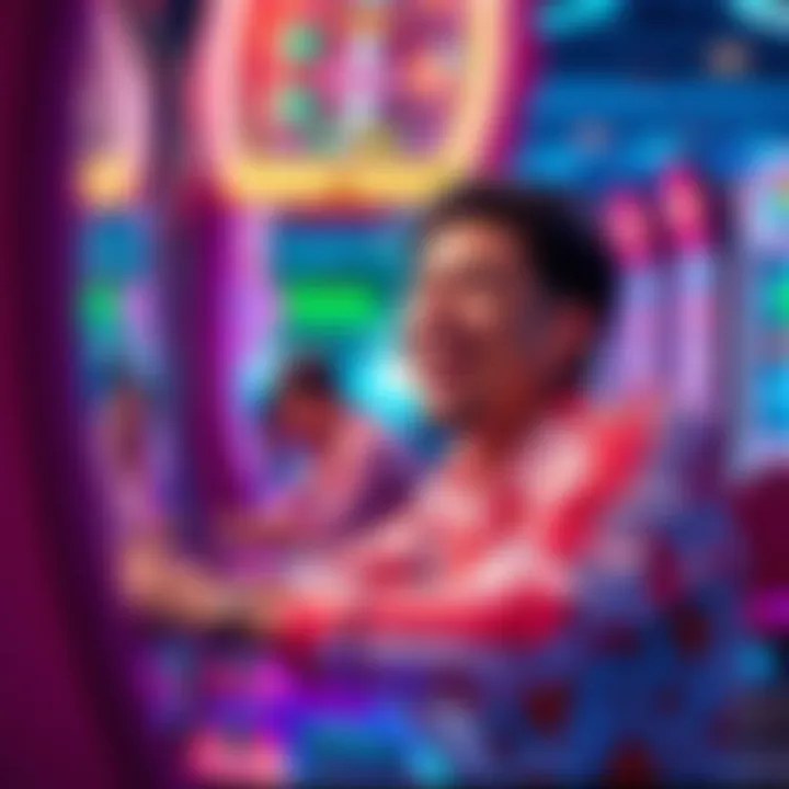 A thrilled player experiencing free play in Sugar Rush, with colorful graphics and game symbols around them, symbolizing luck and excitement.