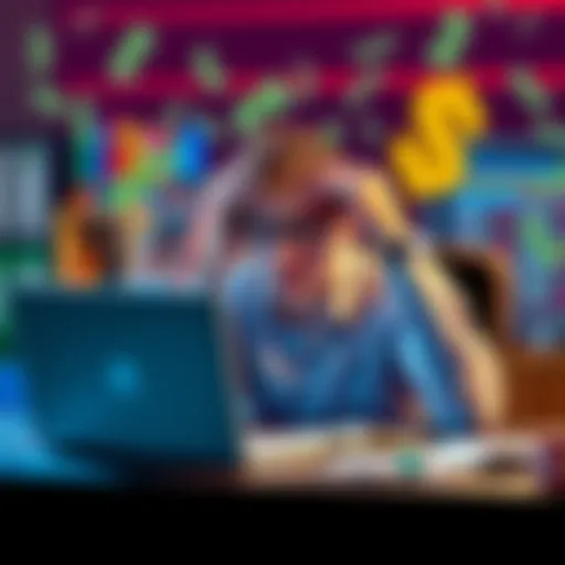 A frustrated online casino player sitting at a desk with a laptop, showing disappointment over delayed payment notifications, with money symbols in the background.