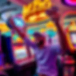 Happy player celebrating a win at the Huff N Puff slot machine with cash in hand at MGM National Harbor.