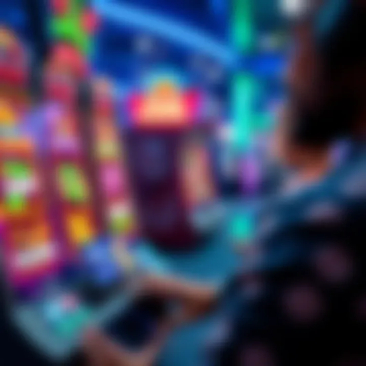 A person playing a slot game on a digital device, looking focused and engaged, with colorful graphics visible on the screen.