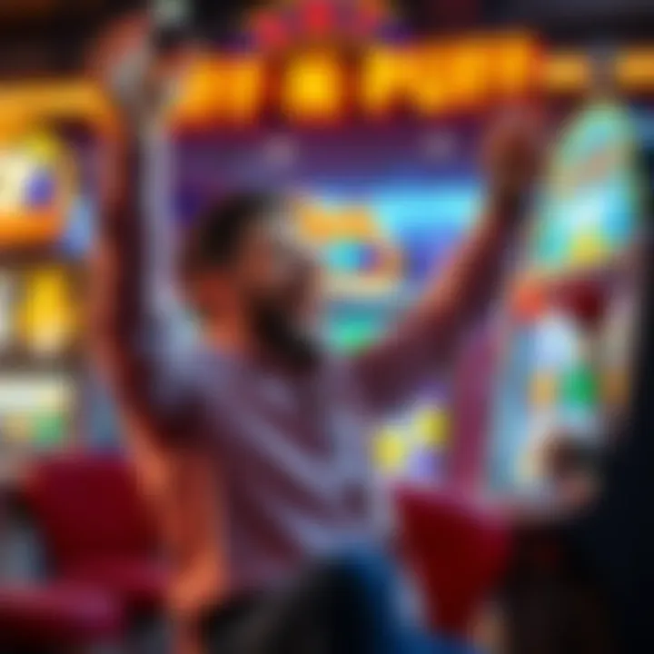 A joyful player celebrating at the Huff N Puff slot machine after hitting two jackpots in quick succession.