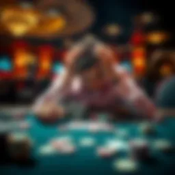 A frustrated player sitting at a blackjack table, head in hands after losing money, with cards and chips scattered on the table.