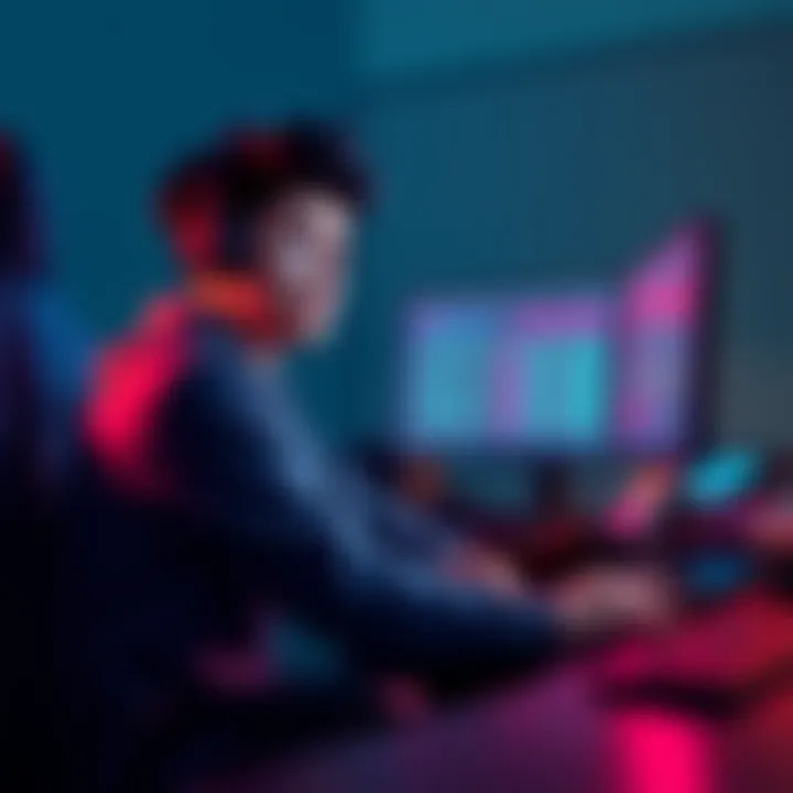 A gamer sitting at a desk with a concerned look, contemplating their options after losing in Plat 4, with a computer screen showing statistics.