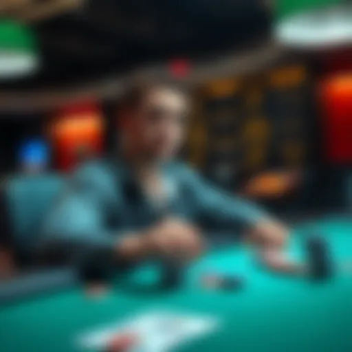 A player sitting at a gaming table, looking thoughtful while reviewing their gaming outcomes and reflecting on luck, with chips and cards around them.