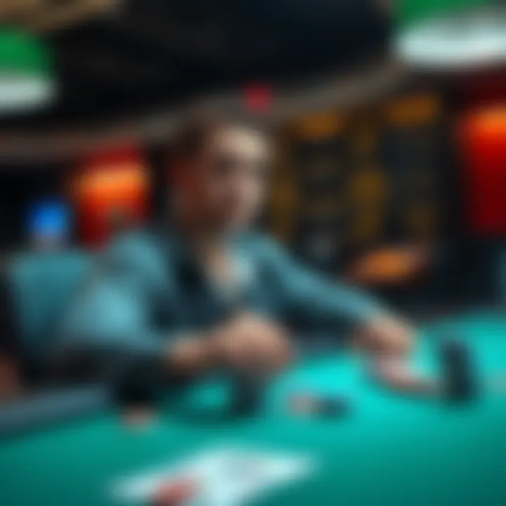 A player sitting at a gaming table, looking thoughtful while reviewing their gaming outcomes and reflecting on luck, with chips and cards around them.