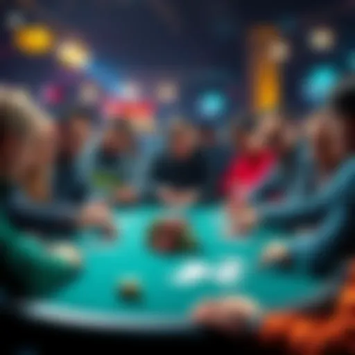 A group of cash game players at a poker table analyzing different player types, including calling stations and maniacs, with chips and cards in play.