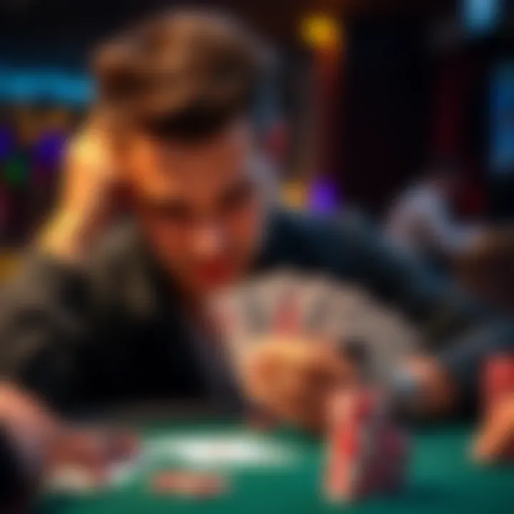 Player facing a tough decision in poker game A poker player looking at their hand with concern, holding pocket Aces while contemplating a bet on a 4-8-10 heart board