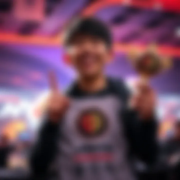 Player Winning Tournament A player celebrating victory in a gaming tournament with a trophy in hand and smiling broadly.