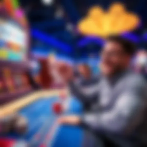 A happy gambler celebrating a big win at a Bubble Craps table, surrounded by colorful chips and the game display.