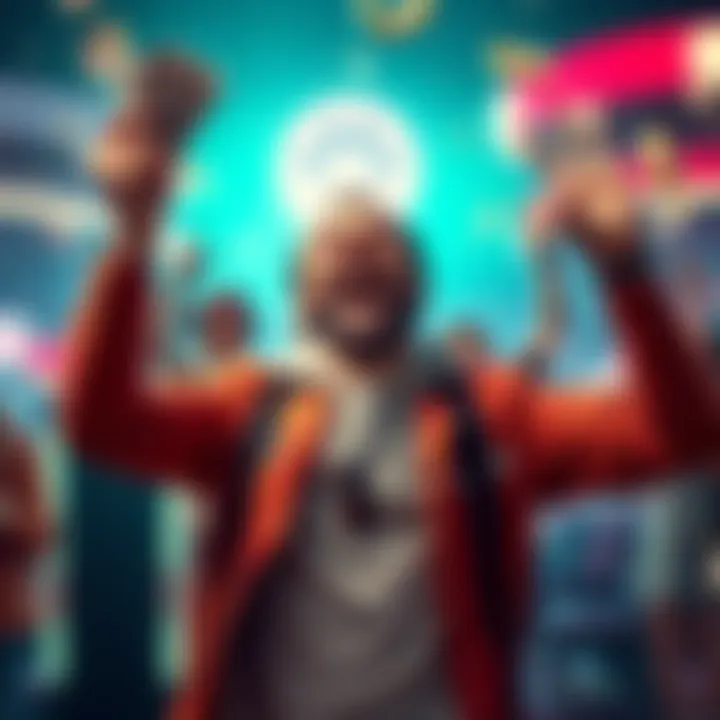 A happy player holding cash and cheering after a successful bonus buy