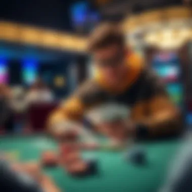Player analyzing cards at a poker table A focused player reviewing their poker cards, considering bets and strategies against high VPIP opponents at a lively poker table.