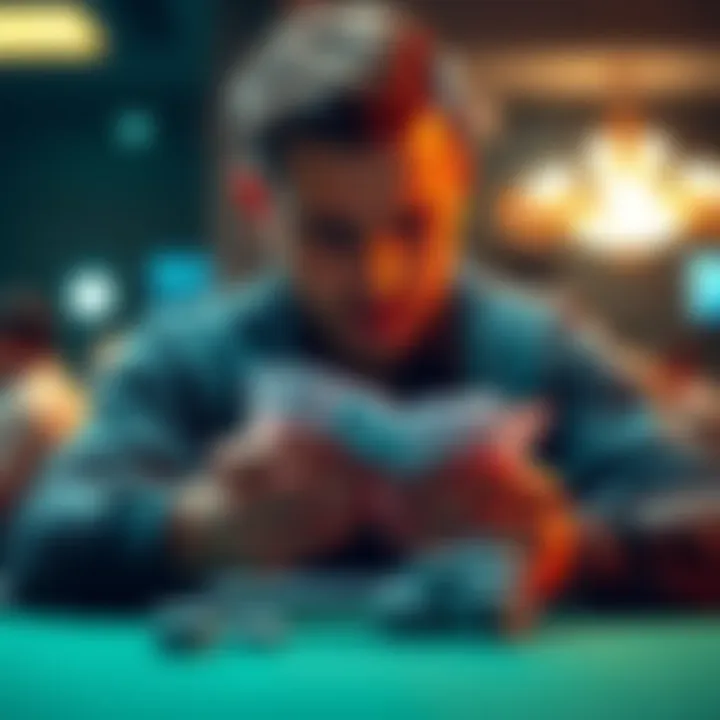 A poker player examines their hand with a focused expression, considering their strategy in a live heads-up game.