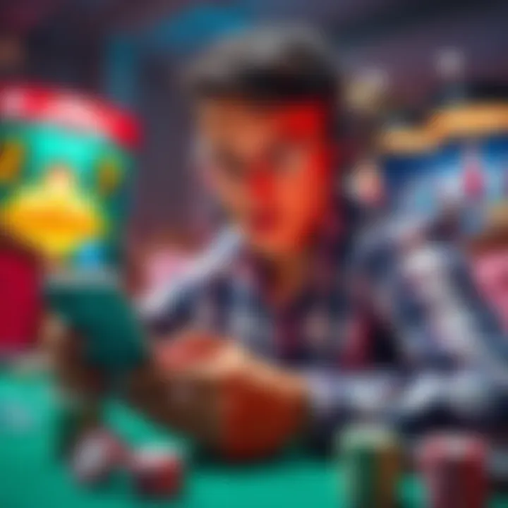Player Engaged in App Poker Game A player focused on their smartphone, playing poker on an app, surrounded by colorful game graphics and poker chips.