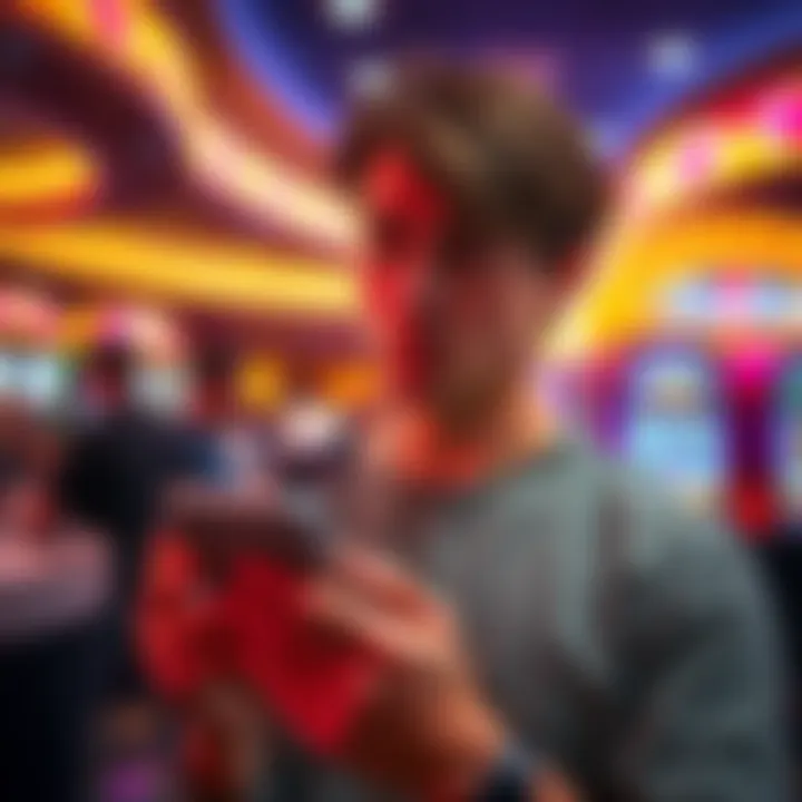 A person looking worried at a casino, holding their phone with a confused expression, reflecting concerns about cashing out winnings.