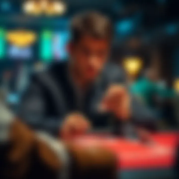 Player at Poker Table A focused player at a poker table, strategizing for a tournament against friends, with cards in hand and chips stacked.